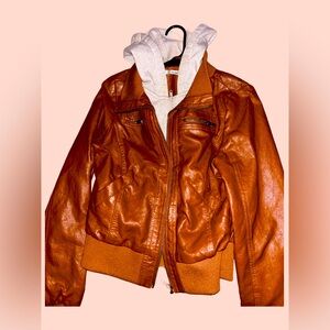 Papaya, faux jacket
Brown with a beige in line zip up 
Style number 67038